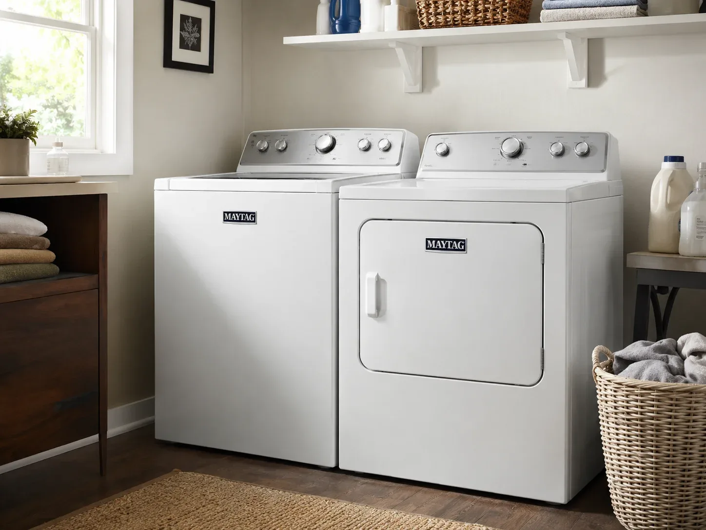Modern laundry room with washer and dryer set