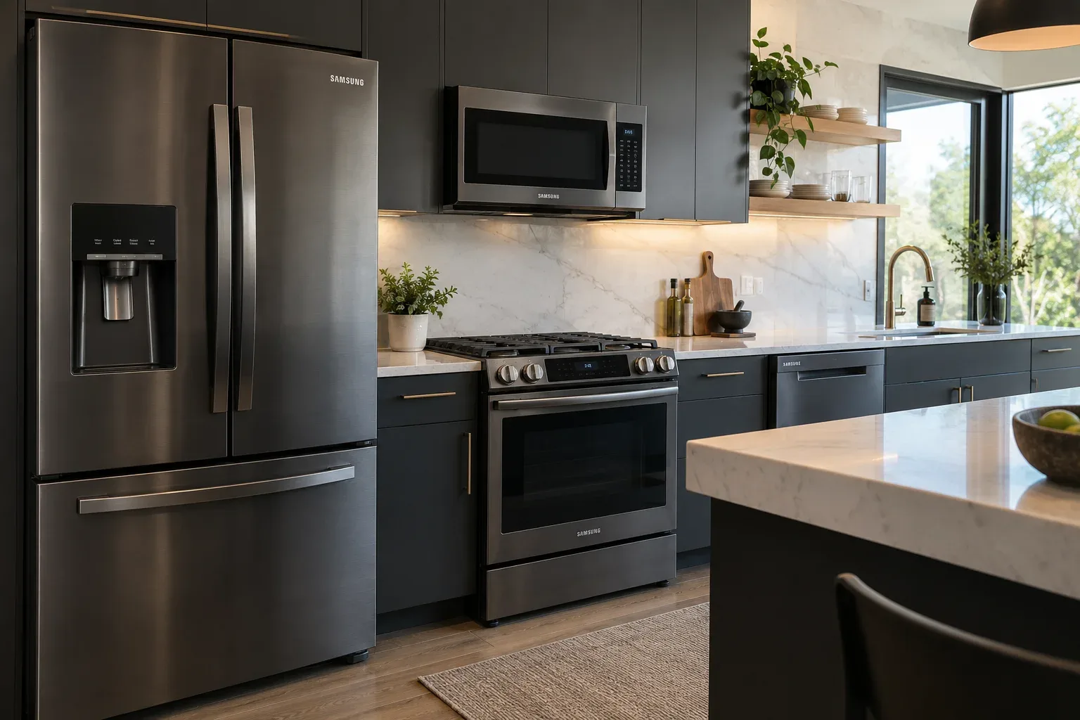 Technician repairing a modern Samsung kitchen appliance