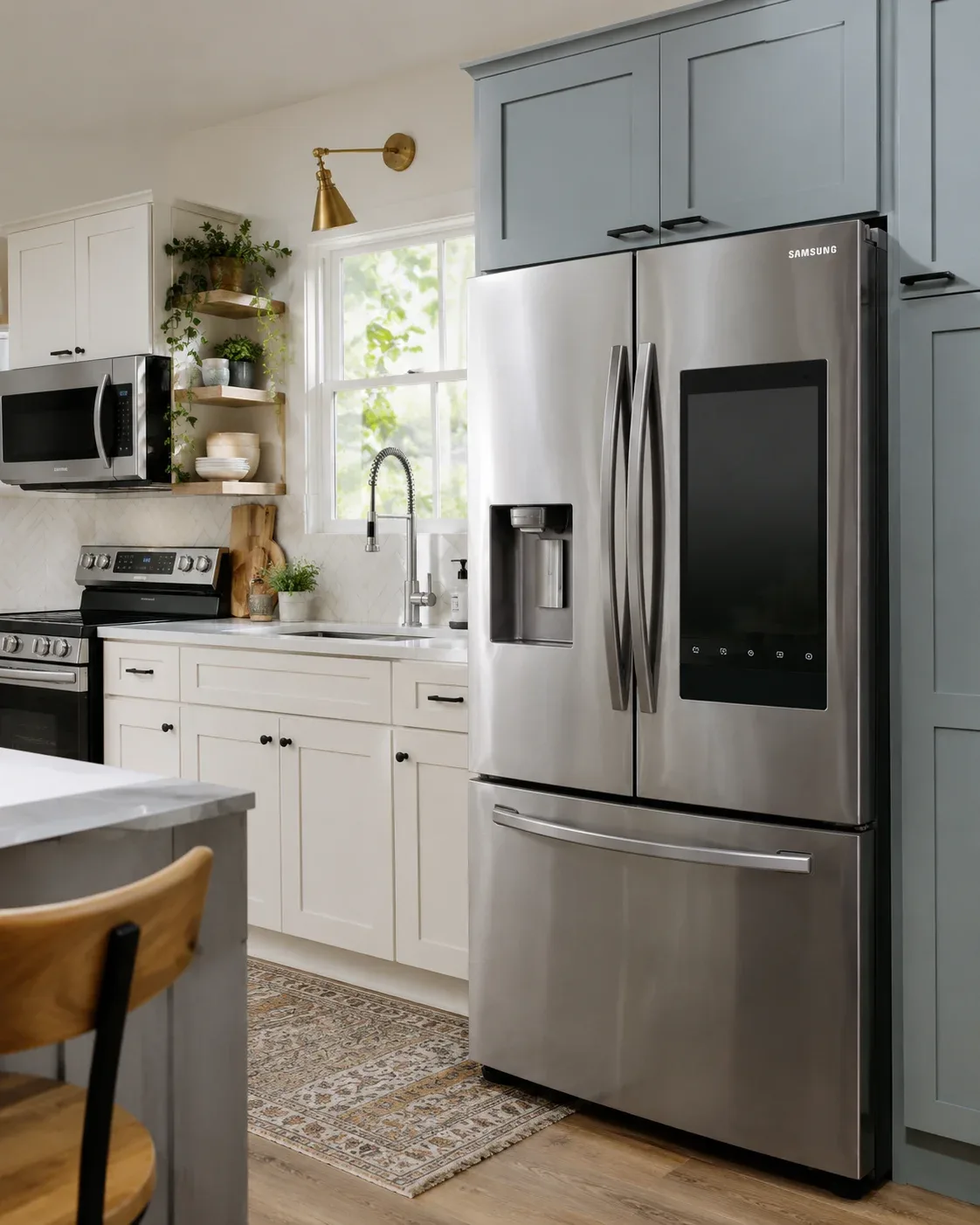 Modern Samsung kitchen appliances including refrigerator and range