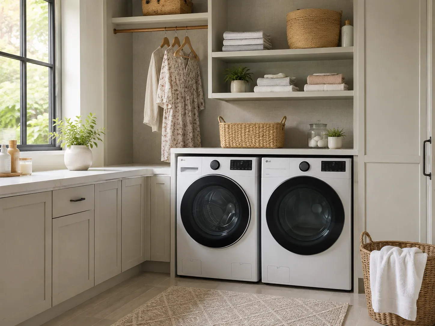 Modern front-loading washer and dryer laundry appliances