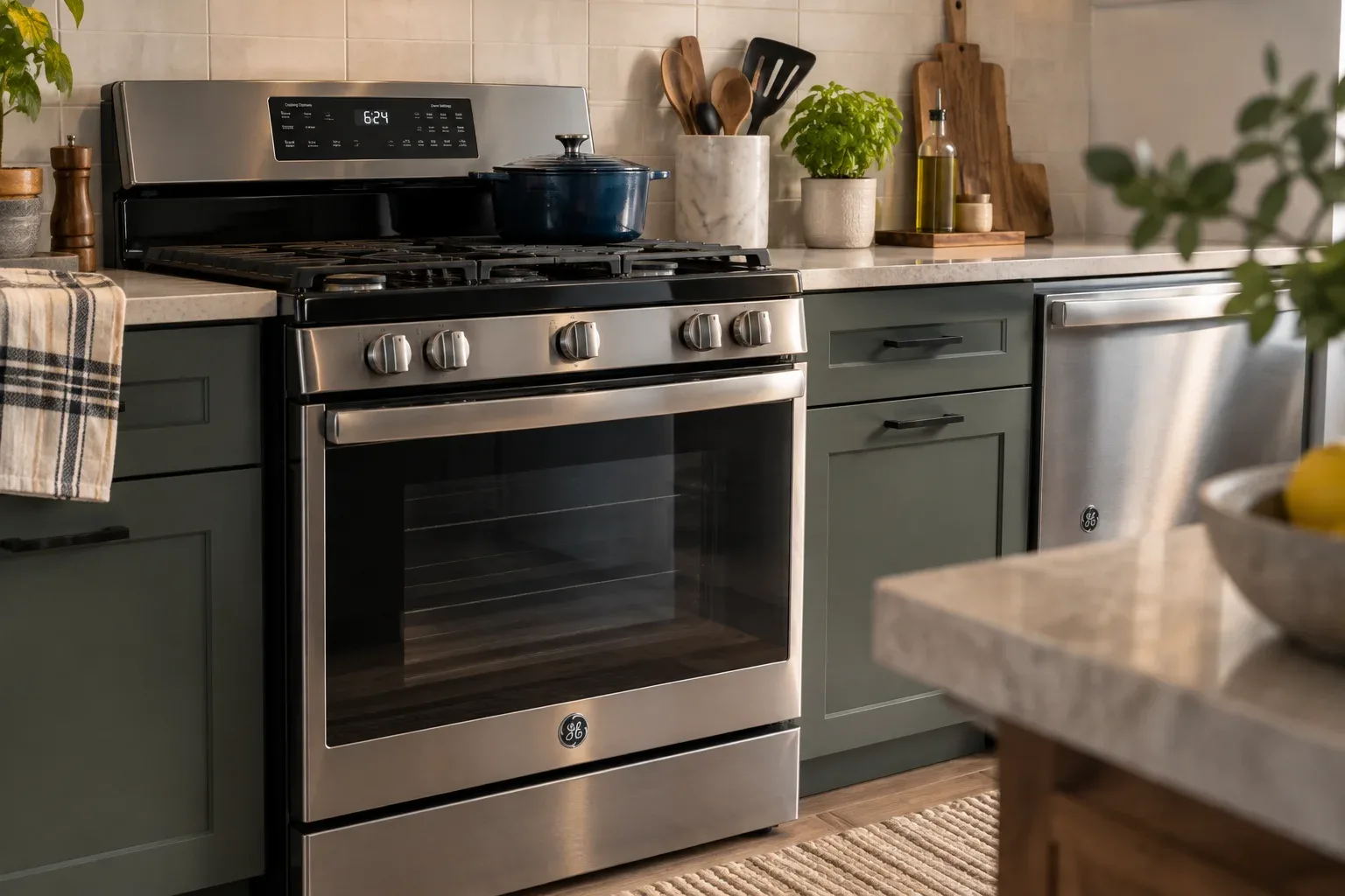 Modern kitchen with GE refrigerator and appliances