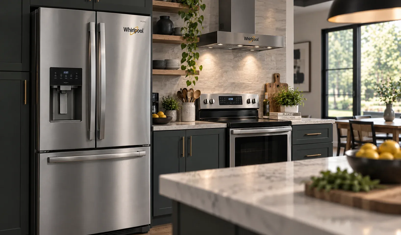 Whirlpool washer and dryer in a residential laundry room